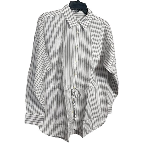 LOFT Striped Drawstring Tunic Shirt Top Small White Gray Business Casual Stretch - Picture 6 of 12